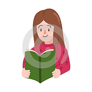 Woman or girl reading a book and wearing pink sweather