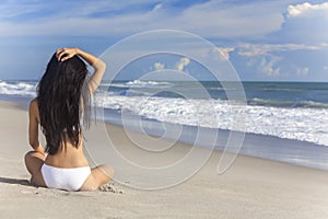 Woman Girl Sitting Bikini on Beach