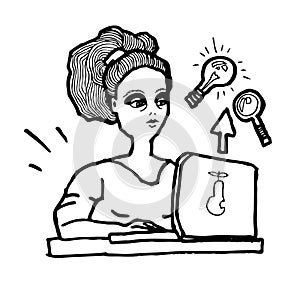 Woman or girl sitting with computer. Online education,working or shopping.