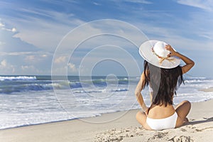 Woman Girl Sitting Sun Hat & Bikini on Beach