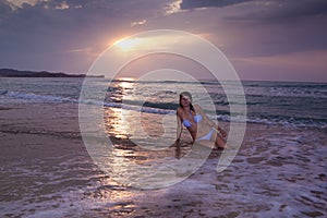 Woman Girl Sitting Sunrise Sunset Beach