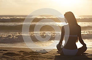 Woman Girl Sitting Sunrise Sunset Bikini Beach