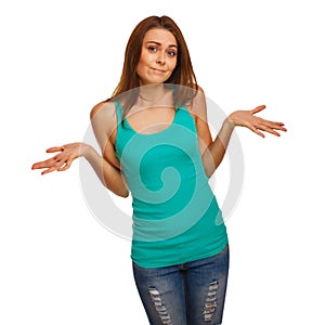 Woman girl throws up his hands in doubt isolated