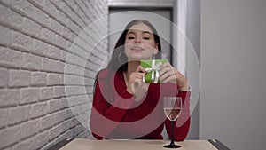 Woman give present online by video call, holiday on quarantine self isolation