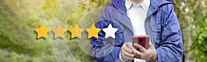 Woman gives stellar feedback. Customers choose a satisfaction rating. Customer service.