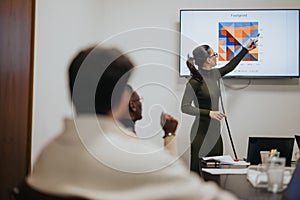 Woman giving business presentation in a boardroom meeting, discussing ideas for business growth and profitability.