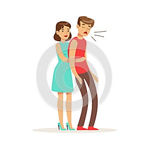Woman giving choking man a heimlich maneuver, first aid vector Illustration photo
