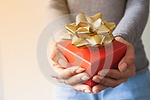 Woman giving Christmas gift box. Close up