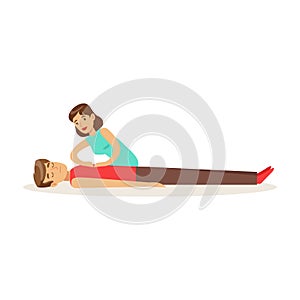 Woman giving a CPR cardiac massage for breathless man, reanimation procedure first aid vector Illustration