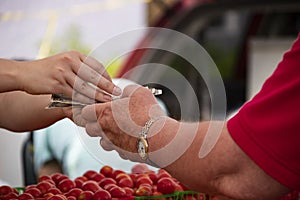 Woman giving man change for purchase at farmers market - hands only - selective focus