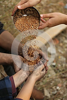 Woman giving poor homeless people bowl of wheat outdoors