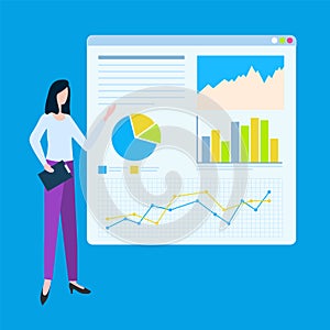 Woman Giving Presentation Board with Charts Set