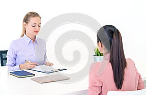 Woman Giving resume to HR officer job interview