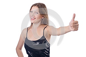 Woman giving thumbs up isolated