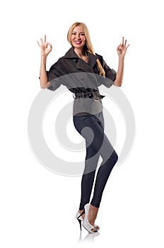 Woman giving thumbs up isolated