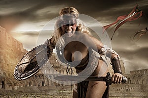 Woman gladiator in the arena