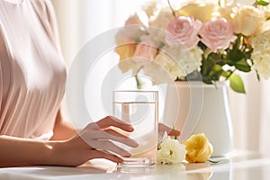 Woman with glass of water and bouquet of roses, detox, diet, hydration, closeup bright photography. Generative AI