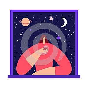 Woman with glass of wine in the window, enjoying the view of night starry sky and moon. Female modern character and space