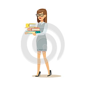 Woman In Glasses Carrying Pile OF Books, Smiling Person In The Library Vector Illustration