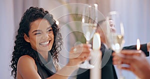 Woman, glasses and Champagne for toast at gala, celebration or social gathering with luxury alcoholic beverage. Happy