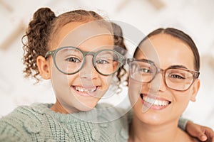 Woman with glasses, eye care for child and frame lens with happy girl face or optician vision for sight. Family portrait