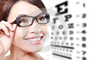 Woman with glasses and eye test chart