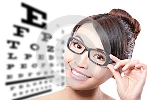 Woman with glasses and eye test chart