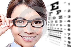 Woman with glasses and eye test chart