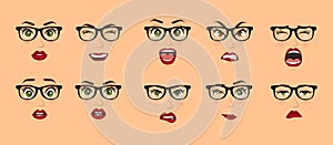 Woman with glasses facial expressions, gestures, emotions happiness surprise disgust sadness rapture disappointment fear