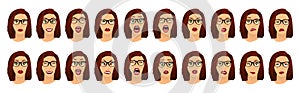 Woman with glasses facial expressions, gestures, emotions happiness surprise disgust sadness rapture disappointment fear