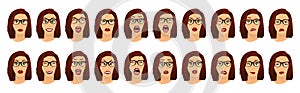Woman with glasses facial expressions, gestures, emotions happiness surprise disgust sadness rapture disappointment fear photo