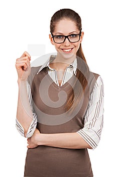 Woman in glasses holding a plastic card