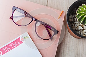 Woman glasses with planner and plant