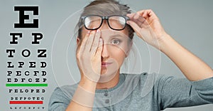 Woman in glasses. Eye test. Eyesight vision exam chart