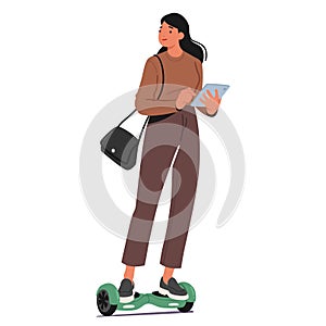 Woman Glides Effortlessly On A Hoverboard, Her Focus Locked On The Tablet Pc In Her Hands, Embodying Multitasking