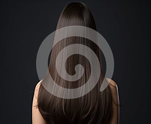 Woman with glossy brunette hair from behind, dark backdrop