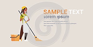 Woman in gloves and apron washing floor african american girl using mop housewife doing housework cleaning concept flat