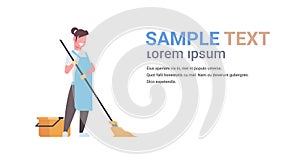 Woman in gloves and apron washing floor girl using mop housewife doing housework cleaning concept flat horizontal copy