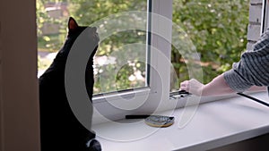 a woman glues a sealing rubber tape on a window in a living room