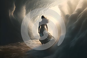 Woman go to the sea through walls of water. Surrealist painting and cinematic light.