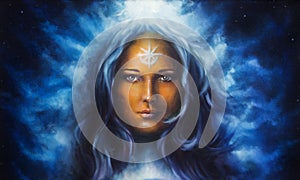 Žena bohyně dlouho modrý vlasy držení mnohobarevný ilustrace 