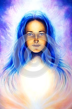 Woman goddess with long blue hair and white light, spiritual blue eye, eye contact..