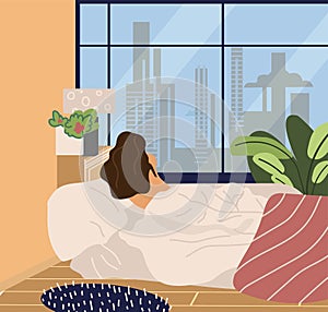 Woman goes to bed or wakes up. The girl wake up and lies on the bed back view. Vector illustration leisure concept