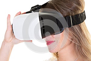 Woman goggles mask experiencing virtual reality entertainment vr device