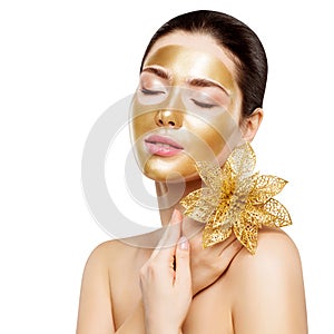 Woman Gold Mask, Facial Skin Beauty Cosmetic, Beautiful Girl Luxury Spa and Relax