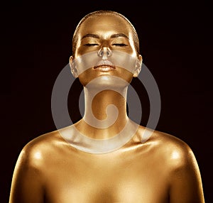 Woman Gold Skin, Fashion Model Golden Body Art, Beauty Portrait Face and Body Shine as Metal