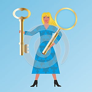 Woman with golden key and magnifying glass. Vector illustration.