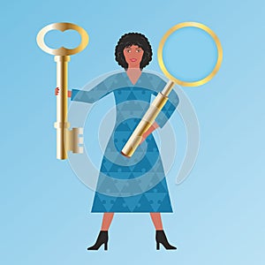 Woman with golden key and magnifying glass. Vector illustration.