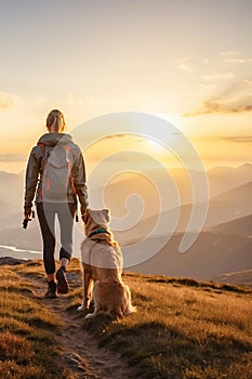 Woman with golden retriever dog hiking in mountain top in the morning. Beautiful landscape. Travel and freedom concept