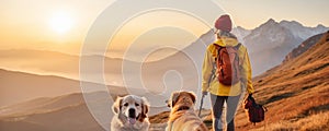 Woman with golden retriever dogs hiking in mountain top in the morning. Beautiful landscape. Travel and freedom concept